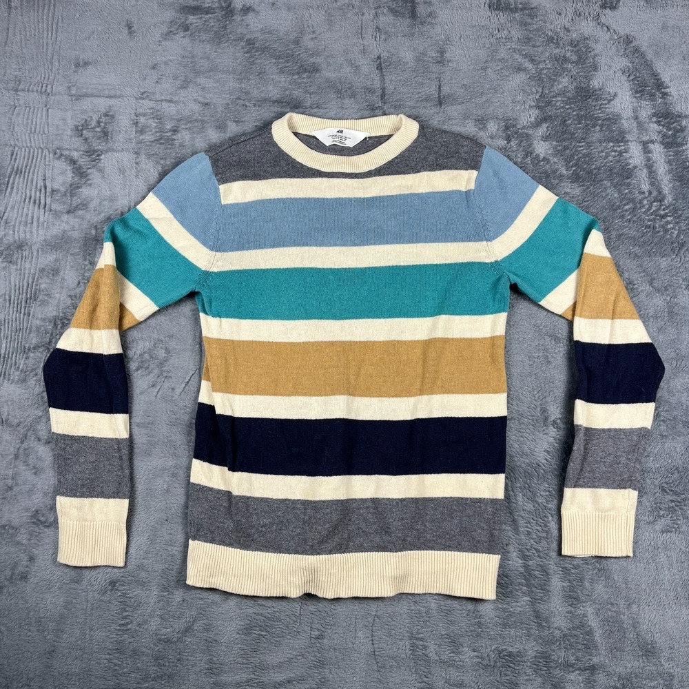 HM Boys Striped Jacquard Knit Cotton Crew Neck Sweater Off White Blue Size 8/10